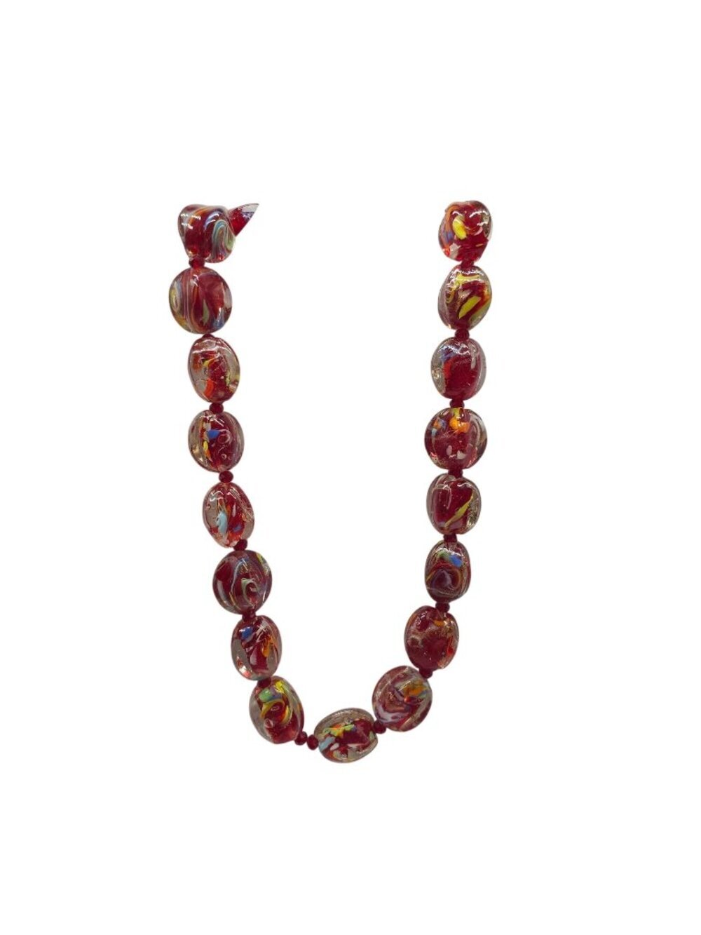 Murano Style Multicolor Red Swirl Glass Bead Necklace With Lobster Clasp Closure